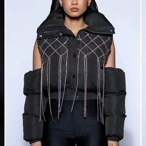 AKIRA Black Cold-Shoulder Puffer Coat With Iridescent Rhinestones Size M